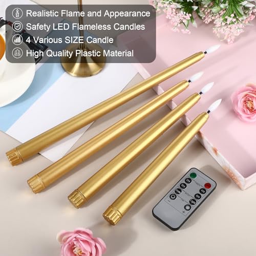 Image of Rossesay 16 Pcs Gold Flameless Taper Candles Battery Operated Candles with Remote Timer 8.5 inch 9.6 inch 10.8 inch 12.8 inch LED Flameless Flickering Candlestick for Halloween Christmas Wedding Party Decor
