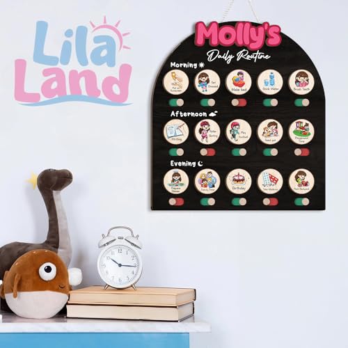 Image of Personalized Wooden Chore Chart for Kids, Daily Routine Chart for Toddlers, Visual Schedule for Kids Age 3-5, Morning Bedtime Routine for Girls (08)