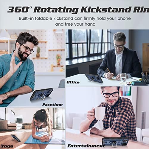 Doeshine for iPhone 14 Case with Kickstand & Slide Camera Cover, Built-in 360° Rotate Ring Stand Magnetic, Heavy Duty Shockproof Protective Phone Cover Case for iPhone 14 6.1 inch 2022 (Blue)