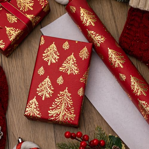 Flyhill Papel de embrulho de Natal Kraft - 43 cm x 10 m por rolo - design de árvores de Natal em rel