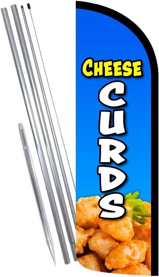 Cheese Curds Premium Windless Feather Banner Flag Kit (Flag, Pole, & Ground Mt)