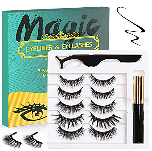 Evepoly 5 Pairs Magnetic Eyelashes and Magnetic Eyeliner Kit, 5 Pairs Reusable Natural Look Magnetic Eyelashes with Eyeliner, Upgraded 3D No Glue Magnetic lashes Kit With Tweezers Inside