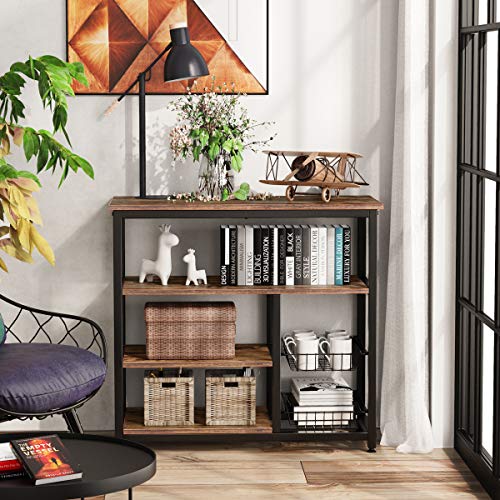 Homemaxs Kitchen Baker’s Rack, 4 Tier+ 4 Tier Microwave Storage Stand with 2 Slide-Out Mesh Baskets, Vintage Utility Shelf for Spices, Pots, and Pans Organizer Workstation - Rustic Brown