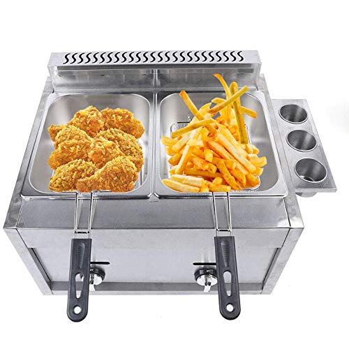 Professional Deep FryerDual Tank Stainless Steel Chicken Chips Fryer with Basket Scoop for Commercial Restaurant Countertop Family Food Cooking 6L 570x450x420mm