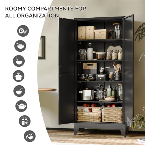 Image of COFaR 71 inch Black Metal Storage Cabinet with Doors for Office and Garage | 5-tier kitchen pantry cabinet with square-panel doors and 4 adjustable shelves for laundry room, office or garage storage.