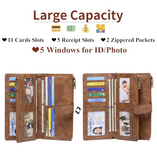 Image of GOIACII Large Wallet for Women Leather Wristlet Beige Brown