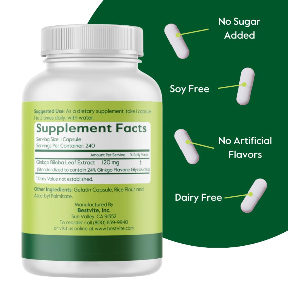 BESTVITE Ginkgo Biloba 120mg (240 Caps) - No Stearates - Non GMO — Amazon image 3