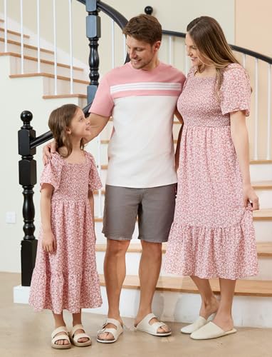 Image of PATPAT Family Matching Outfits Mommy and Me Dresses Floral Dress & T-Shirts | Mommy and Me Easter Dresses, Puff Sleeve Floral Sundress, Cotton Blend T-shirts, Couples Party Wedding Vacation Outfits
