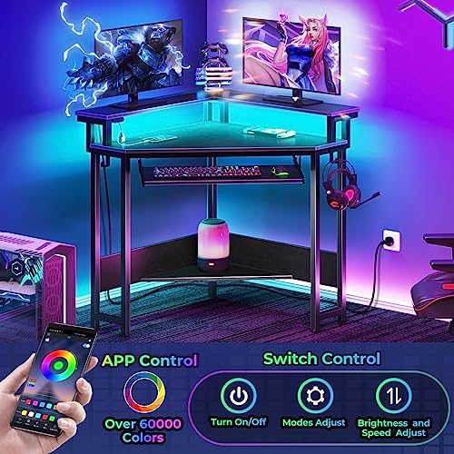Rolanstar Corner Desk,44.5" W x 34.5" H Small Computer Desk with Power Outlets, Gaming Desk with LED Lights, Triangle Corner Table with Keyboard Tray & Monitor Stand for Small Space, Black