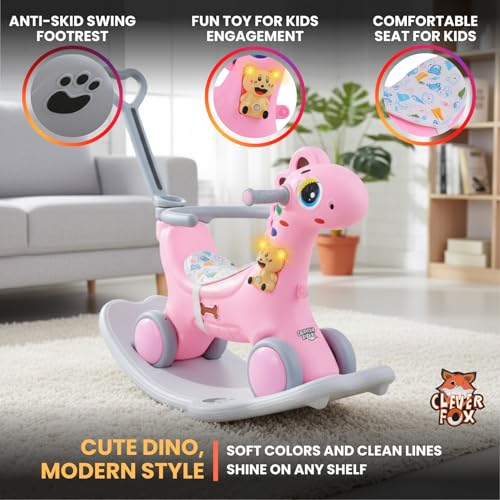 Image of KURB 3-in-1 Ride-on Dino and Rocker for Kids | Multi-Functional | Age 12 Months - 4 Years | Sturdy and Durable | Safety Belt | Child-Safe Plastic (Pink)