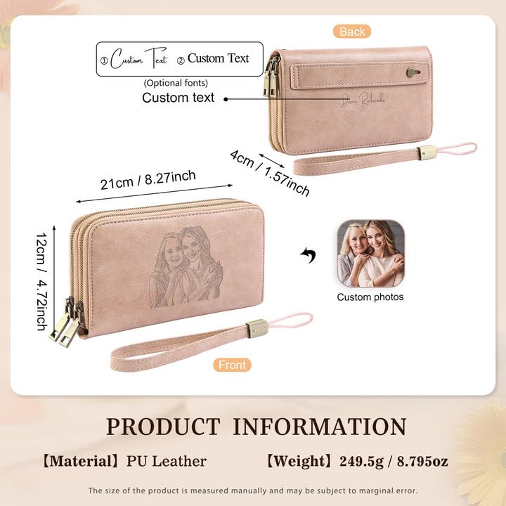 Personalized RFID Wallets for Women – Custom Name & Photo Leather Clutch, Double Zipper Large Capacity Wristlet, Mothers Day Wallet Gift for Mom Wife (PINK)2
