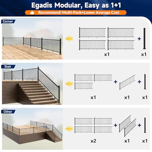 Image of Egadis 36 in. H x 8 ft. W Aluminum Stair Railing Kit, Railings for Outdoor Steps, Black Textured AAMA 2604 Powder-Coat Finish Modular Rail System for Concrete Steps or Wooden Stairs(1 Post, 1 Panel)