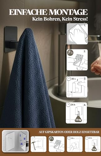 Menz Handtuchhalter ohne Bohren, 4 Stück, Handtuchhaken aus Edelstahl, elegante Klebehaken fürs Badezimmer, hohe Tragkraft, wasserfeste Haken selbstklebend für Küche & Bad - Schwarz Matt