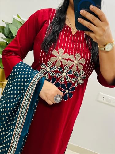 Image of BHARVITA Women's Cotton Embroidered Anarkali Kurta and Palazzo with Dupatta Set | A-line fit