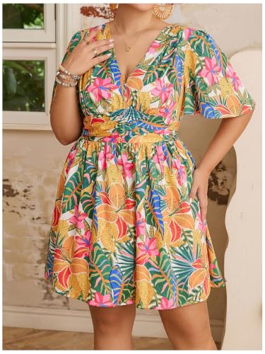 Image of Floerns Women's Plus Size Printed V Neck Short Sleeve Ruffle Hem Summer Short Dresses