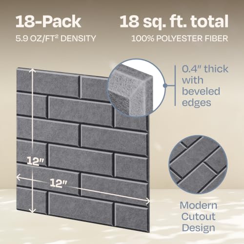 Image of Acoustic Wall Panels 18-Pack, 12 inchx12 inchx0.4 inch Decorative Self-Adhesive Sound Proofing | High Density 3D Brick Soundproof Absorbing Tiles for Walls, Home, Office & Studio - Pebble Gray