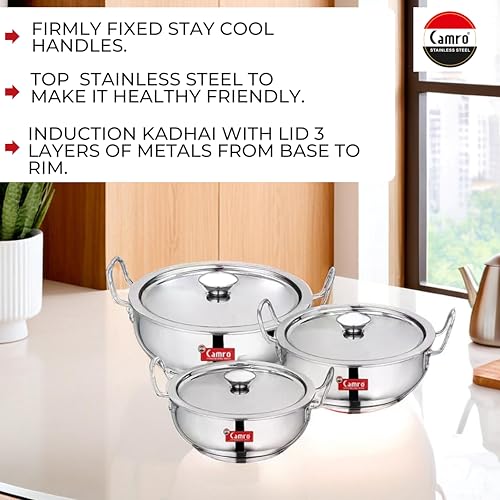 Camro Steel Kadhai with Lid Induction Bottom 3.1 Liters| Cookware Kadhai Steel Stainless Induction Base/Gas Stove Compatible | Kadhai for Deep... - Image 5