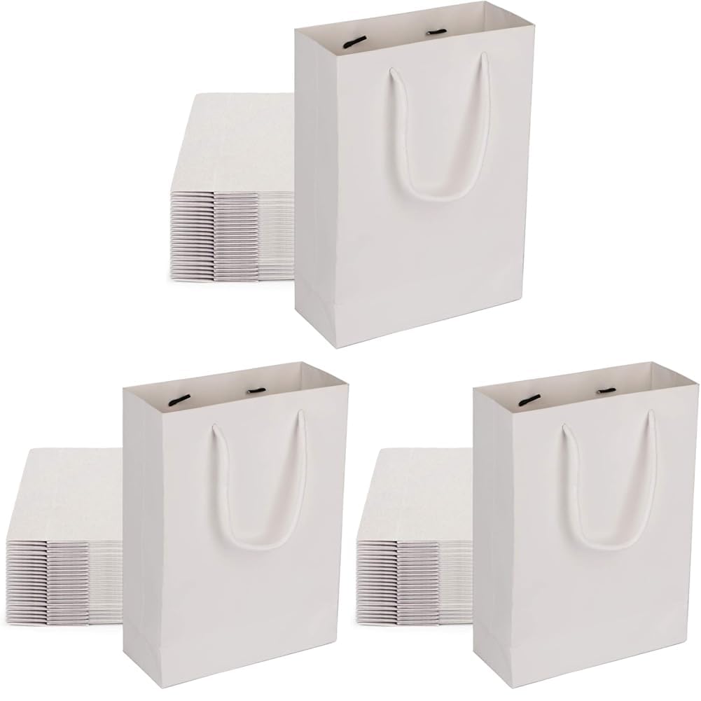 Rosy.Moment Paper Gift Bags 12 Pieces Set, Eco-friendly Paper Bags, With Handles Bulk, Paper Bags, Shopping Bags, Kraft Bags, Retail Bags, Party Bags 21x26x10Cm (±1–2 cm), Color White
