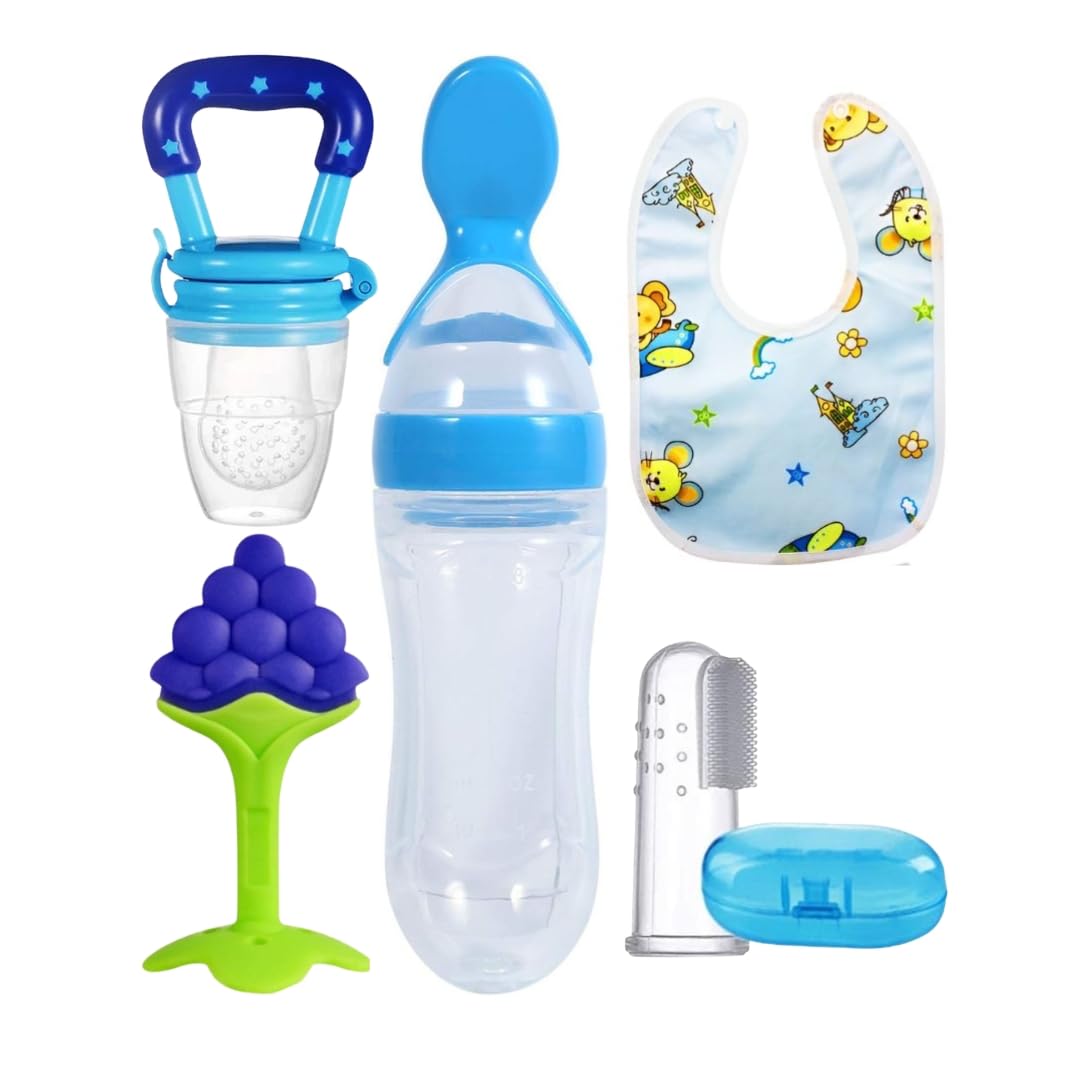 ROFORUF Fruit Feeder 1Pc, Silicone Baby Food Dispensing Spoon 90Ml 1Pc, Fruit Shape Teether 1Pc, Finger Tooth Brush 1Pc And Baby Bib 1Pc (Combo Of 5 (3)) - Multicolor-image-24