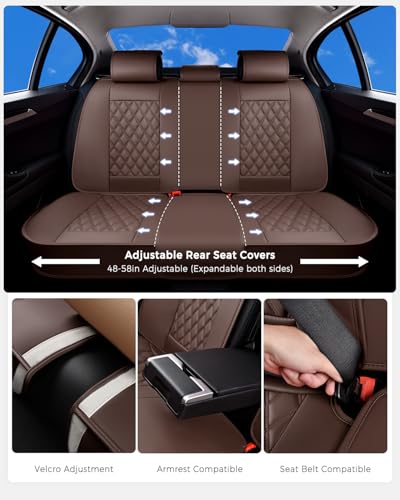Image of Huidasource Coffee Seat Cover, Car Seat Cover Nappa Leather Universal Fit for Most Cars, Vans, Trucks, SUVs, Compatible with Airbags, Child Seat, SUV Seat Covers Velcro Adjustable (Full Set /Coffee)