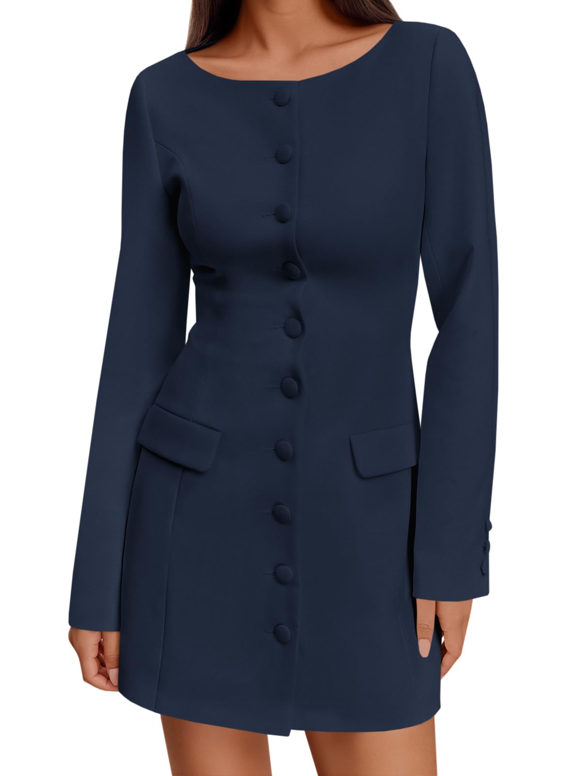 Wenrine Womens Button Down Work Dress Long Sleeve Business Office Slim Fit Elegant Fall Blazer Mini Dresses