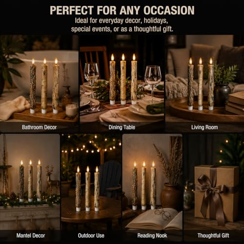 Image of LED 9.84 inch Flameless Taper Candles with Tree Bark Effect Battery Operated Real Wax Flickering Candlesticks with Remote Control and Timer Rustic Primitive Lights Decor Vintage Candles, Pack of 2
