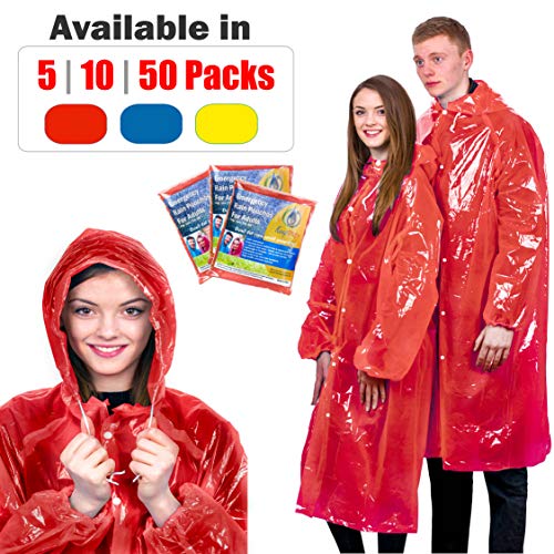 KeepDry! Extra Thick Disposable Emergency Rain Ponchos~ Tear Resistant, Lightweight, 5 Pack