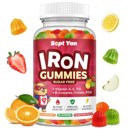 Iron Supplement Gummies for Kids Kids Multivitamin with Iron - Vitamin B Complex C D3 Calcium Folate Zinc FOS for Blood Builder & Energy Support Iron Deficiency Vegan Mixed Fruit Flavor 60 ct