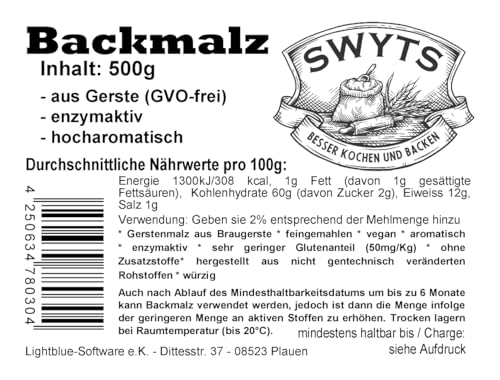 Backmalz 500g - aus Gerste, enzymaktiv - backen wie die Profis mit Qualität aus Deutschland von SWYTS - mind. 6 Monate haltbar