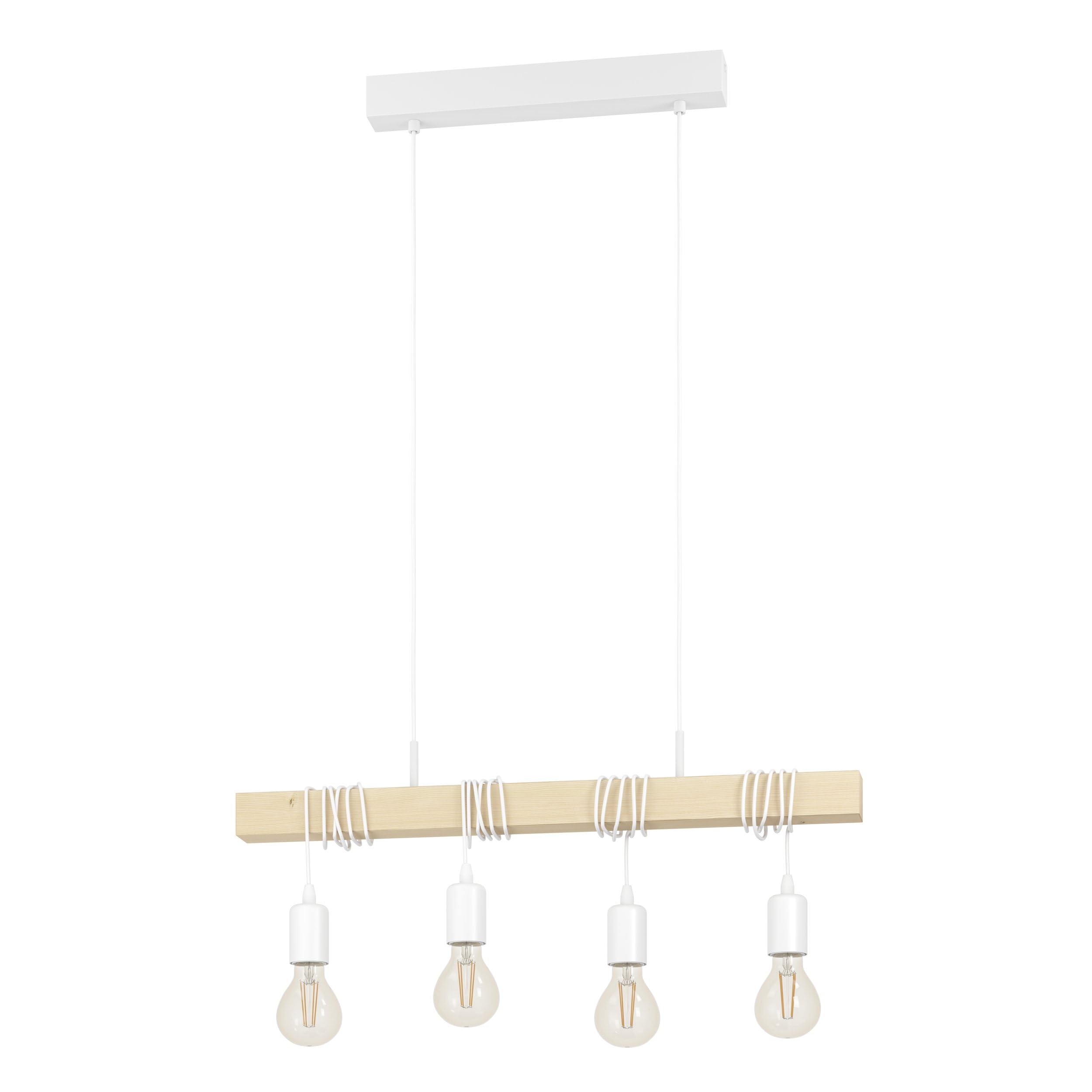 EGLO Pendant Lighting Townshend, 4 Light Vintage Hanging lamp in Industrial Design, Retro Ceiling Light Made of White Metal and Natural Wood, FSC Certified, E27