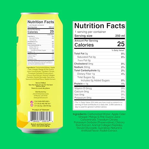 Image of Jans Sparkling Prebiotic with Collagen Soda Beverage - Pink Guava & Mango 8.4 Fl Oz (6-Pack) - Low Calorie, NO Added Sugar, Non-GMO Sparkling Fruit Beverage, Gut Health Support