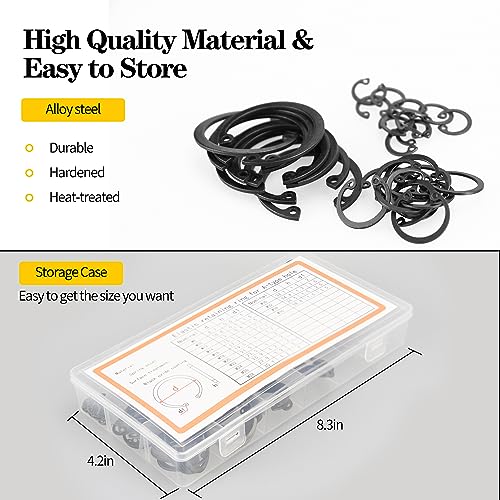 Image of Snap Ring Shop Assortment, 300pcs Internal Retaining with 4pcs 7 Inch Snap Pliers Set, M8-M36, 15 Different Sizes Alloy Steel Circlip Snap and Internal /External Set