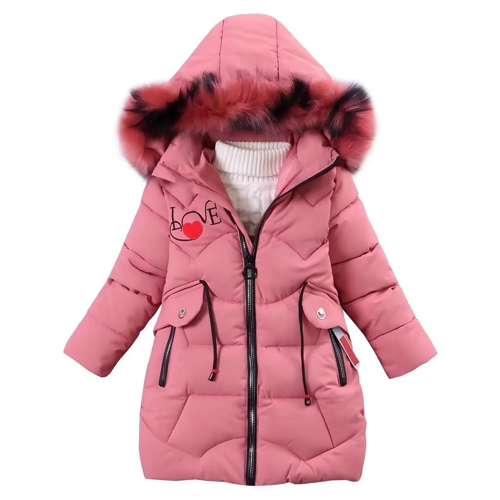 linboo Dziewczęca kurtka zimowa dla dzieci, płaszcz zimowy, gruba kurtka pikowana, długa, ciepła parka, bawełniana kurtka, płaszcz outdoorowy z futrzanym kapturem i nadrukiem Love
