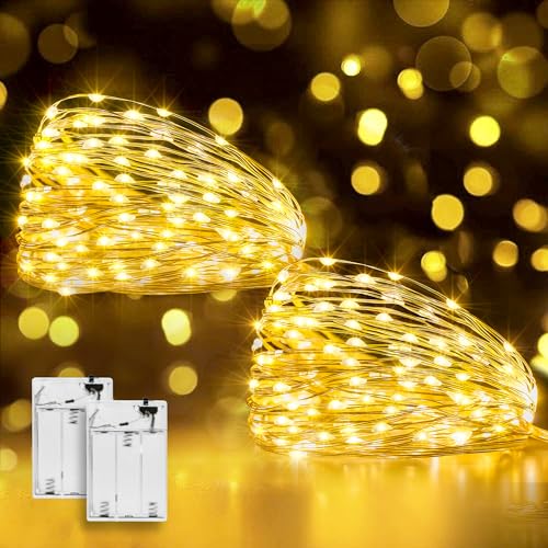 Ollny 2 Packs 5m 50 LED Fairy Lights Battery Operated, Waterproof Copper Wire String Lights for Indoor Outdoor Lighting, Christmas Tree Bedroom Outside Party Bottle Wedding Decorations(Warm White)