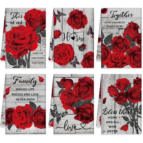 Breling Set of 6 Red Rose Kitchen Towels 14x21 Inches