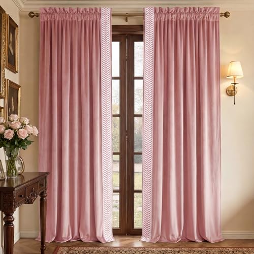 NICETOWN Rod Pocket Embroidered Trim Velvet Curtains, 2 Panels, Blush Pink, 96 Inch Long Velvet Blackout Curtains Luxury Elegant Soft Drapes, Winter T