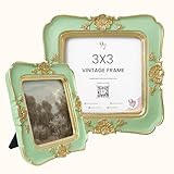 97 Decor Green Gold Vintage Picture Frames 3x3 - Luxury Antique Frames 3 x 3, Small Ornate 3x3 Picture Frame, Retro Photo Frame For Tabletop And Wall Hanging, Victorian Wall Decor