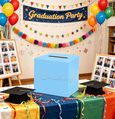 Image of HEIPINIUYE Light Blue Wedding Card Box with Gold Foil 9.8 inch x 9.8 inch Blue Large Gift Card Box for Party Wedding Reception Graduation Birthday Baby Shower Cardboard Raffle Envelope Box with Slot