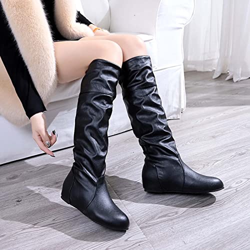 oiangi Women Knee High Flat Boots 2022 Winter Vintage Round Toe Pleated Slip on Motorcycle Boots Solid Retro Casual Comfy Outdoor Ladies Shoes2