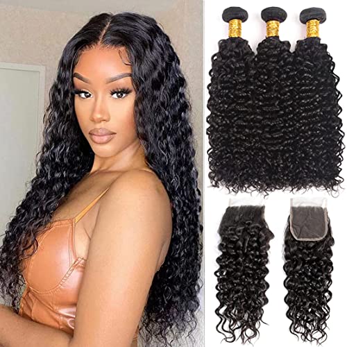 Peruvian Water Wave Hair 3 Bundles with Closure (20 22 24+18) 100% Unprocessed 10A Virgin Human Hair Wet and Wavy Bundles with 4x4 Free Part Lace Closure Curly Wave Human Hair Extensions