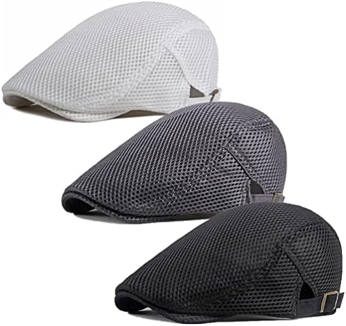 Rcber Men Breathable Mesh Summer Hat Newsboy Beret Ivy Cap Cabbie Flat Cap (Black/White/Grey) One Size