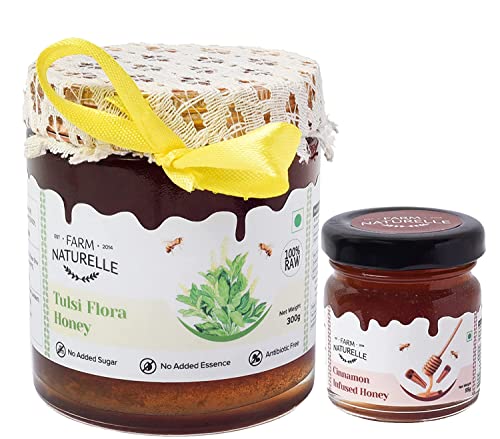 Image of Farm Naturelle Tulsi Forest Flower Wild Honey 300gm|100% Pure Honey | Raw & Unfiltered|Unprocessed|Lab Tested Honey In Glass Jar with Engraved Virgin Wooden Spoon