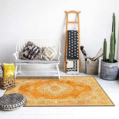 北欧風 ペルシャ柄 モダン ラグ カーペット 洗濯可 レトロ デザイン 80*120cm ラグ マット トルコ風 西海岸 イエロー 北欧家具 ペルシャ絨毯風 玄関マット 居間用 センターラグ 洗える 軽量 折り畳み可能 洋室 新居 絨毯 オシャレ 復古風