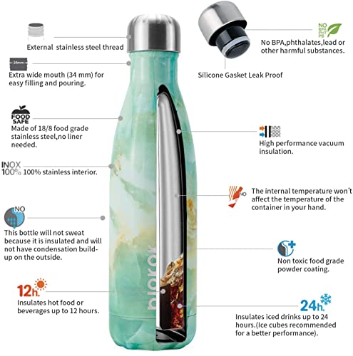 Image of BJPKPK Insulated Water Bottles 17oz Stainless Steel Sports Water Bottles Keep Cold for 24 Hours and Hot for 12 Hours,BPA Free,Marble Jade