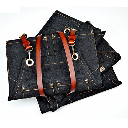 Boshiho Denim Jean Work Apron - Adjustable Bib Chef Apron Barber Apron - Utility Shop Tool Apron with Cross-back Leather Straps (B)