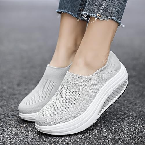 Image of Women's Knitted Platform Slip On Walking Sneakers,Comfort Lightweight Arch Support Non Slip Casual Mesh Breathable Workout Work Shoes