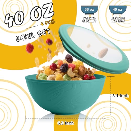 Image of 40 OZ Wheat Straw Bowls with Lids Set, 4 PCS Unbreakable Salad Bowls with Lid, Alternative Plastic Food Containers with Lids for Lunch, Microwave & Dishwasher Safe Kitchen Bowl Set, Green