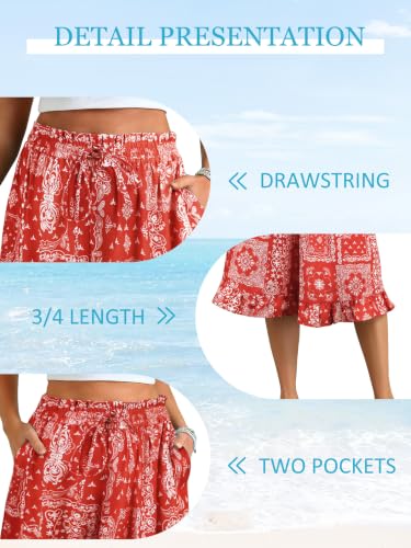 Image of Womens Wide Leg Palazzo Capri Pants Fun Vintage Print Flowy Cropped Capris