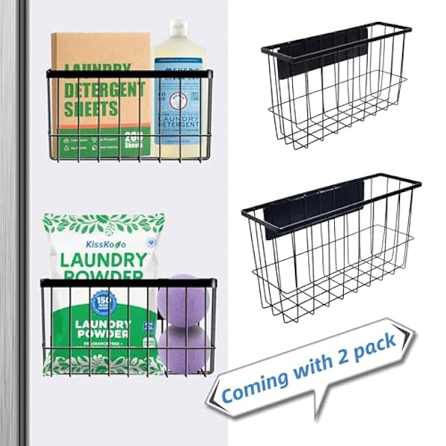 Magnetic Metal Basket Organizer for Fridge - 2 Pack Magnetic Dryer Ball Holder Lint Bin Shelf Storage Container for Laundry Room Refrigerator Black