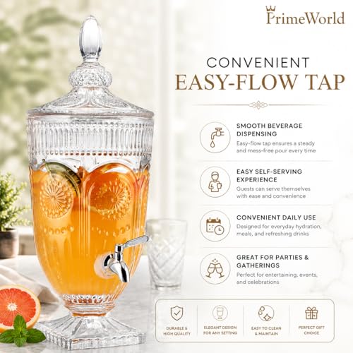 Image of PrimeWorld 1 Pc Glass Water Dispenser with tap 2 Litre Beer Dispenser Storage Mason Jar Beverage Dispenser Glass Pitcher with tap Pitcher for Detox Water, Juice Counter Table Top (Random Design)